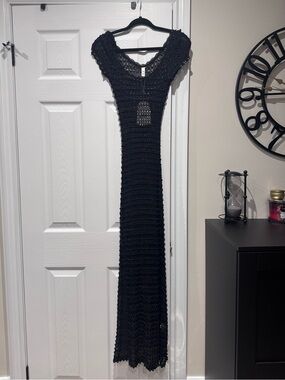 Long Black Stretch Crochet Knit Maxi Dress with gold flecks